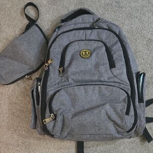 Chic Gray Backpack Diaper Bag with Extra Pouch